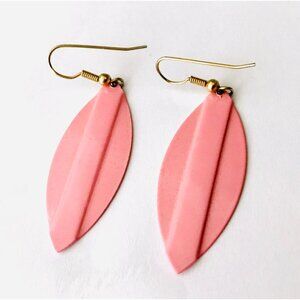 Vtg 1980s Pink Metal Dangle Earrings Geometric Lines Leaf Petal Shape Abstract